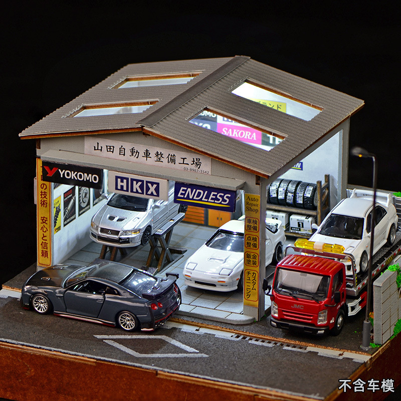 Model Kit Cars - 1:64スケールDIY自動車修理工場ジオラマキット（LEDライト付き）、ミニチュアガレージワークショップ（模型車展示用）